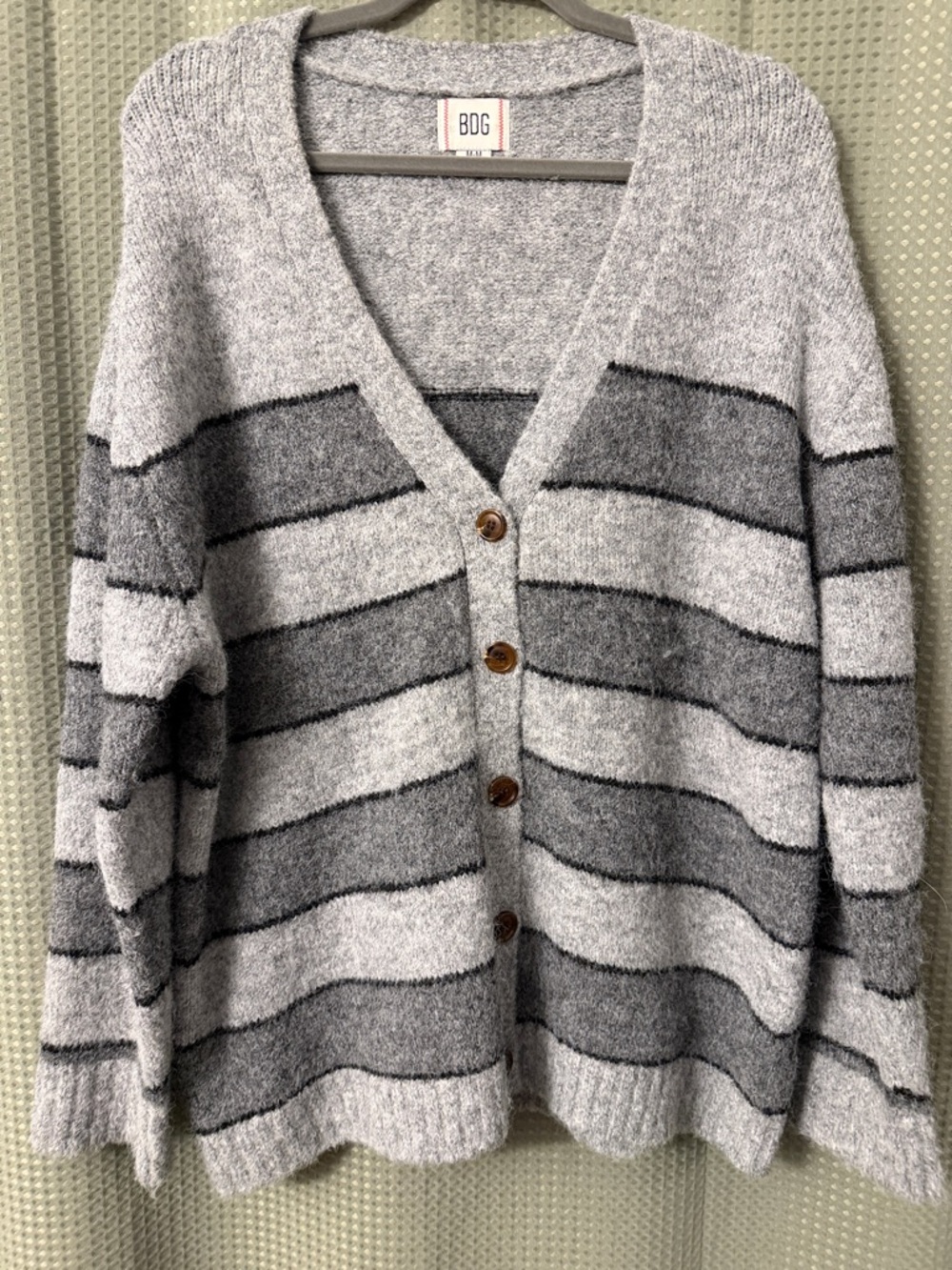 BDG Light Gray and Dark Gray Striped V-Neck Button Cardigan
